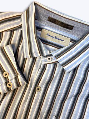 Tommy Bahama Men L Blue Brown Striped 100% Cotton Coastal Old Money Resort Shirt